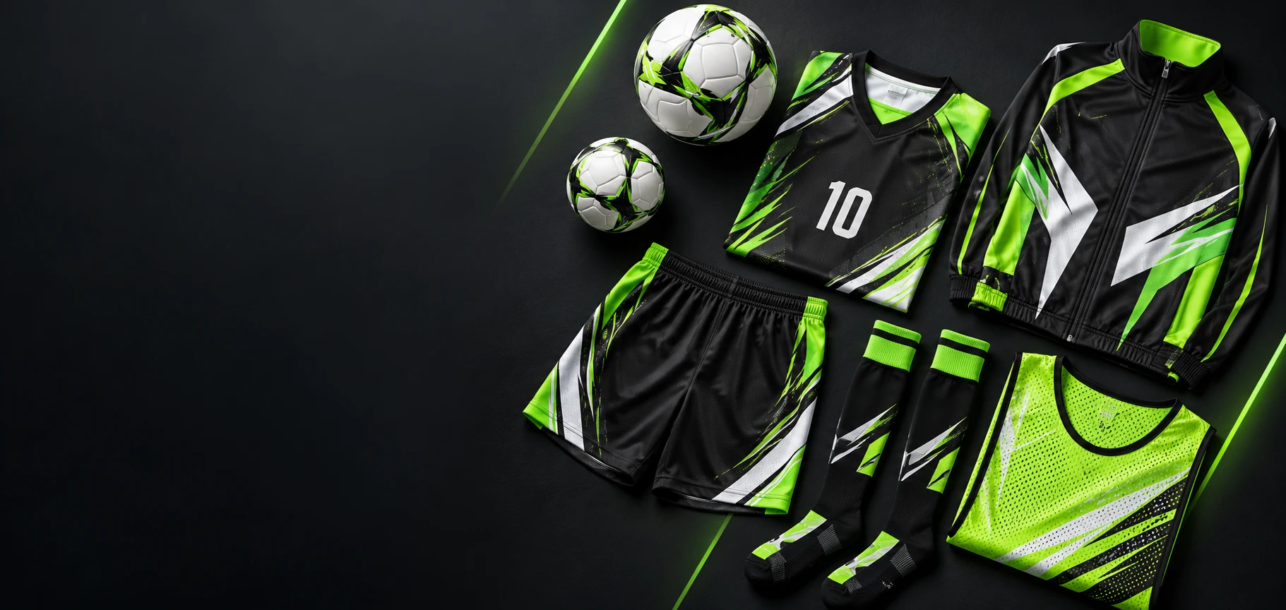 Custom black and green football kit by Star Kick Sports: jersey, shorts, socks, tracksuit jacket, bib and balls