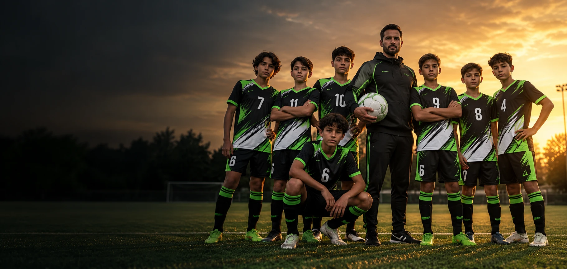 Youth football team and coach wearing custom black and green Star Kick kits