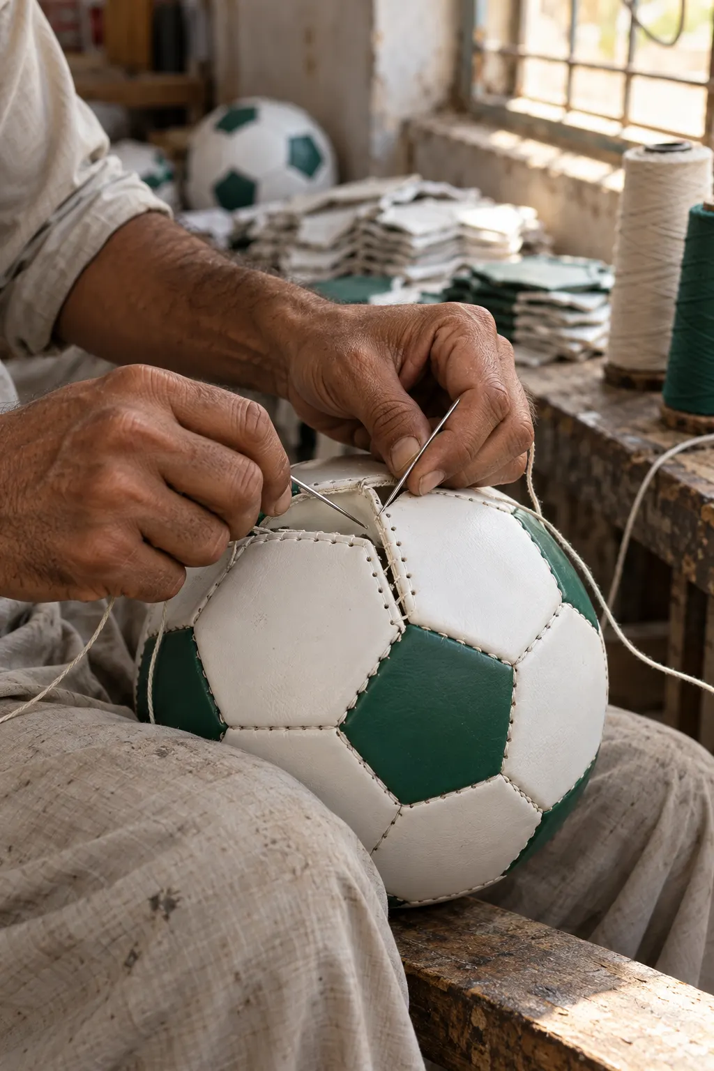 Football being stitched by hand, panel by panel