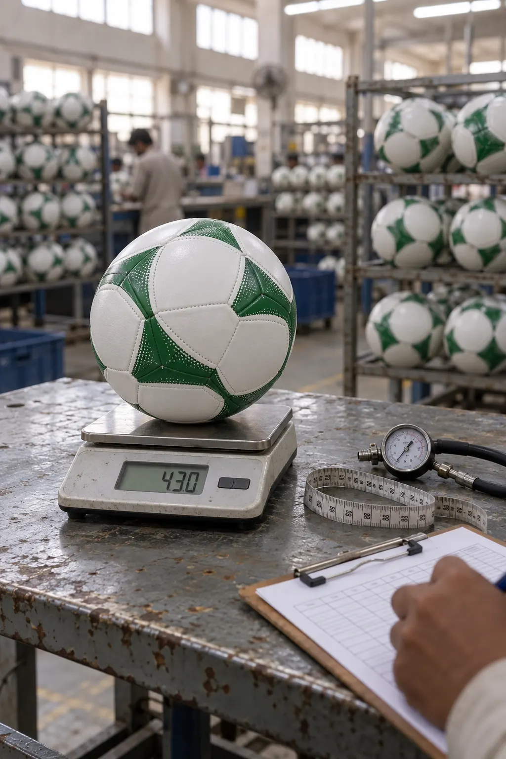 Finished football weighed against the size standard