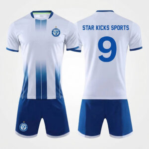 Home custom pro football kit white & blue gradient | micro interlock jersey & shorts set | adult & youth sizes