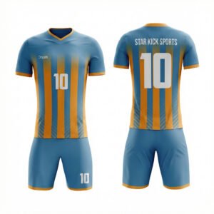 Home custom pro football kit blue & gold stripes | micro interlock jersey & shorts set | adult & youth sizes